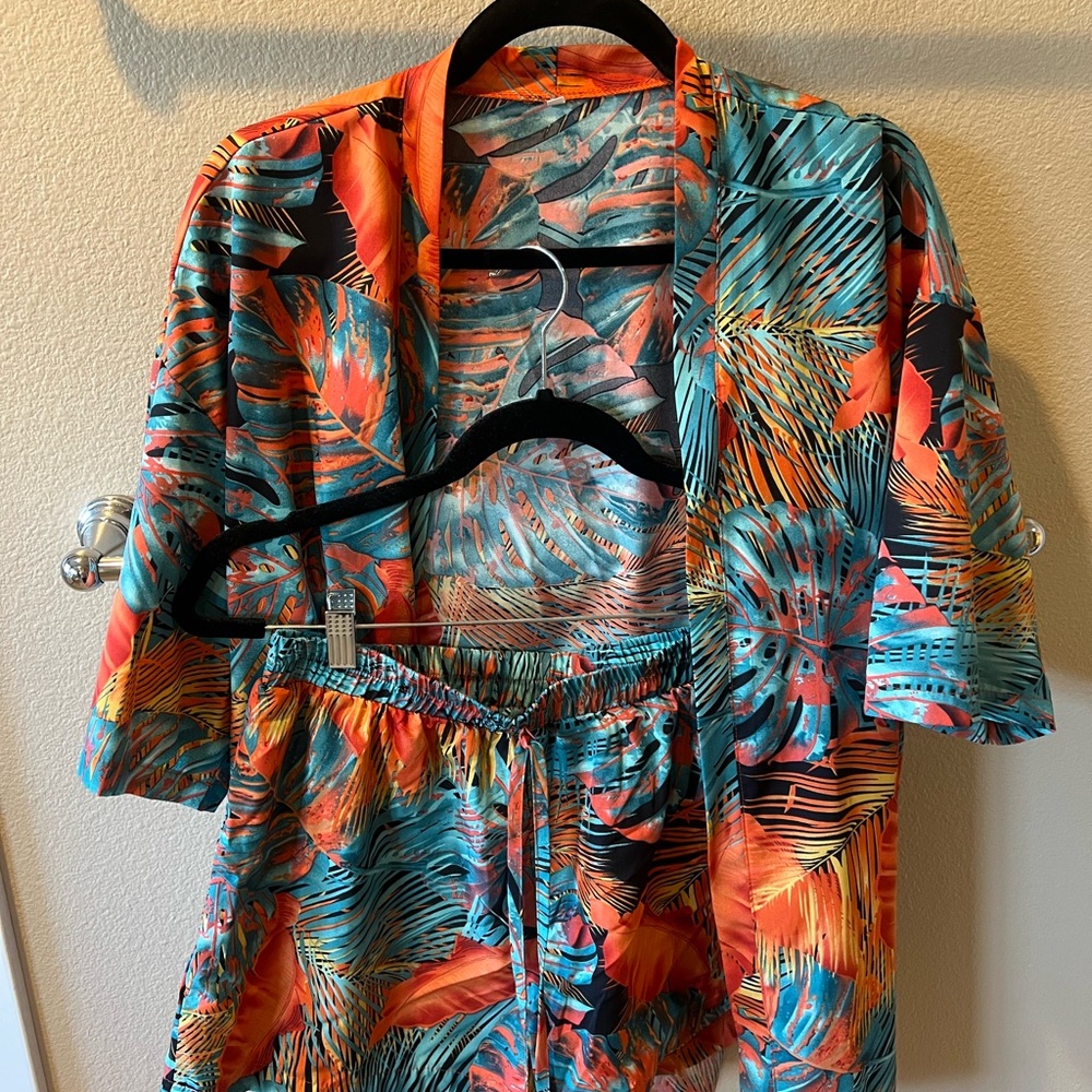 Tropical Print Kimono and Shorts Set